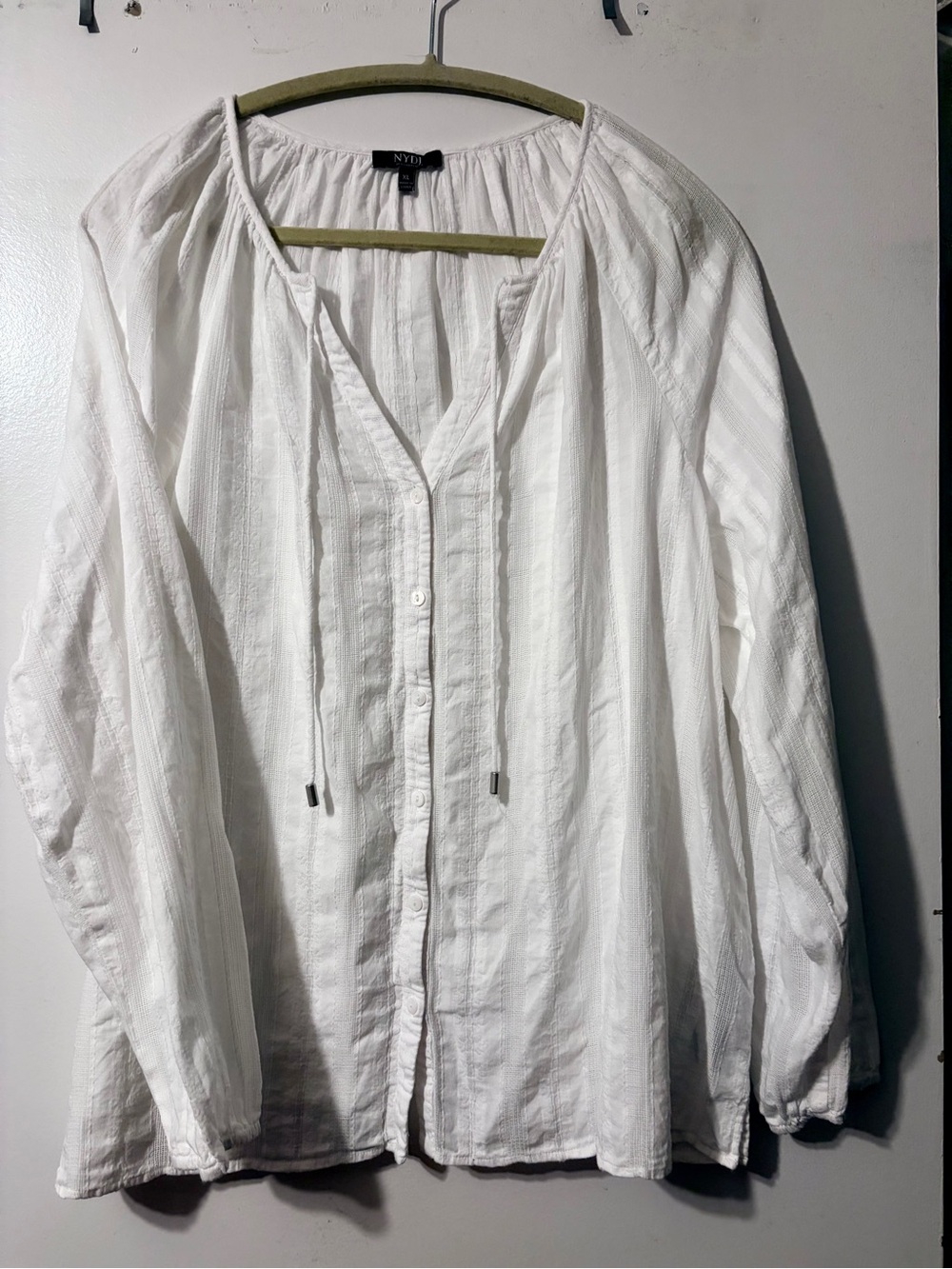 4/$25 NYDJ White Button-Front Peasant Blouse with Tie Neck